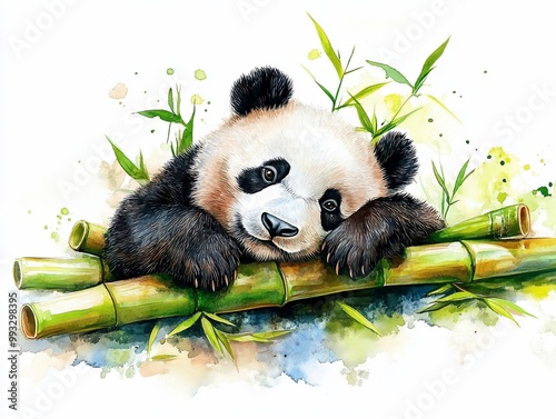 Cute Panda Bear Resting on Bamboo. photo