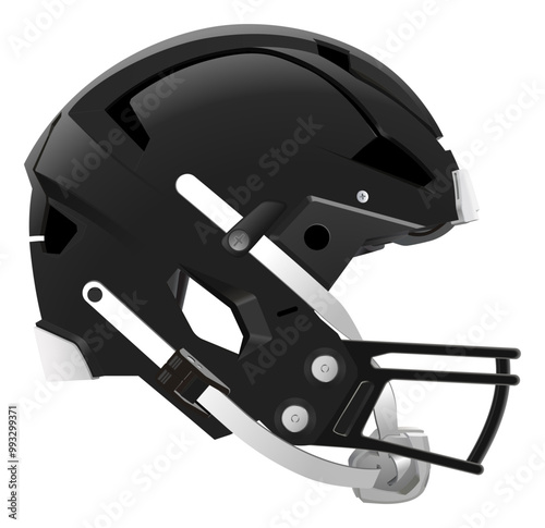 Realistic modern Black American Football helmet with black mask and chin strap