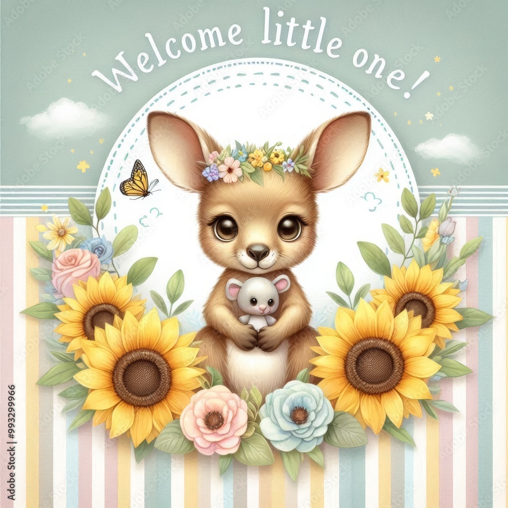 Adorable cartoon bunny welcoming a little one with flowers and sunflowers. Adorable cartoon bunny welcoming a little one with flowers and sunflowers.