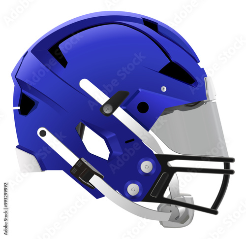Realistic modern blue American football helmet with safety glass, back mask and chin strap