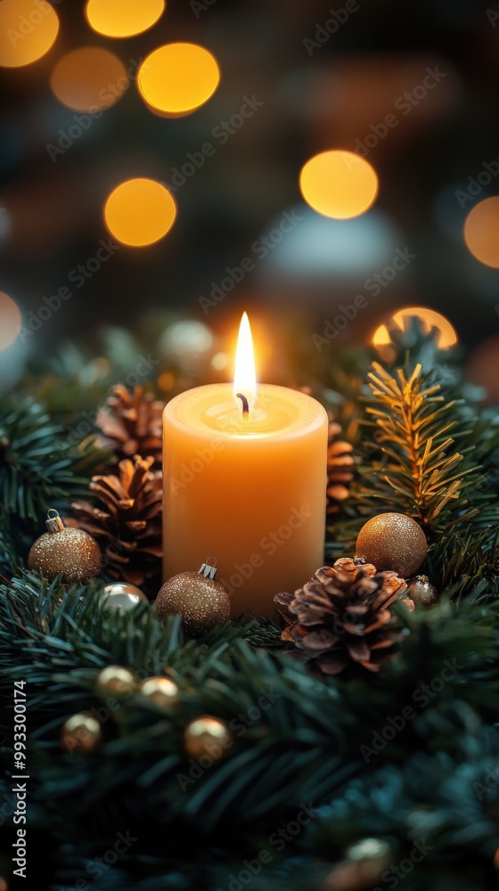 Advent wreath with one lit candle surrounded by Christmas decor and evergreen branches Advent wreath with one lit candle surrounded by Christmas decor and evergreen branches