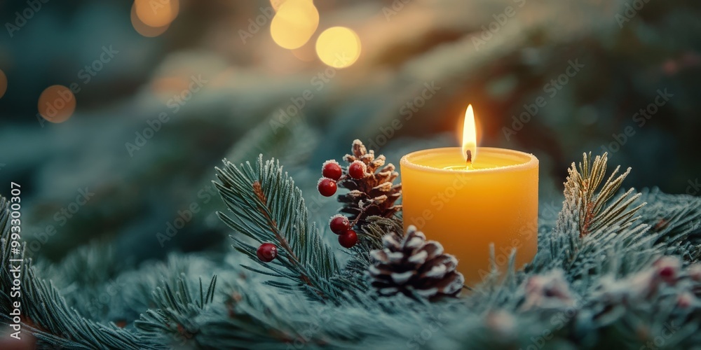 Advent wreath with one lit candle surrounded by Christmas decor and evergreen branches Advent wreath with one lit candle surrounded by Christmas decor and evergreen branches