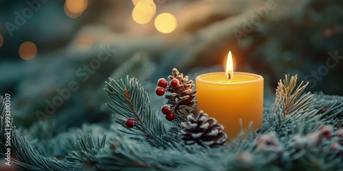 Advent wreath with one lit candle surrounded by Christmas decor and evergreen branches