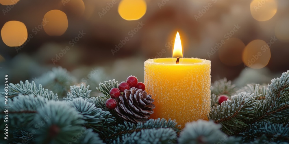 Advent wreath with one lit candle surrounded by Christmas decor and evergreen branches Advent wreath with one lit candle surrounded by Christmas decor and evergreen branches