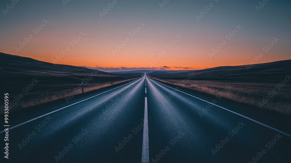 An empty highway stretching out at dusk, with a gradient sky transitioning from orange to purple, evoking a sense of adventure and possibility. An empty highway stretching out at dusk, with a gradient sky transitioning from orange to purple, evoking a sense of adventure and possibility.