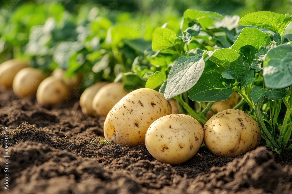 Fresh potatoes growing in rows with green leaves in the field, close-up photography Fresh potatoes growing in rows with green leaves in the field, close-up photography