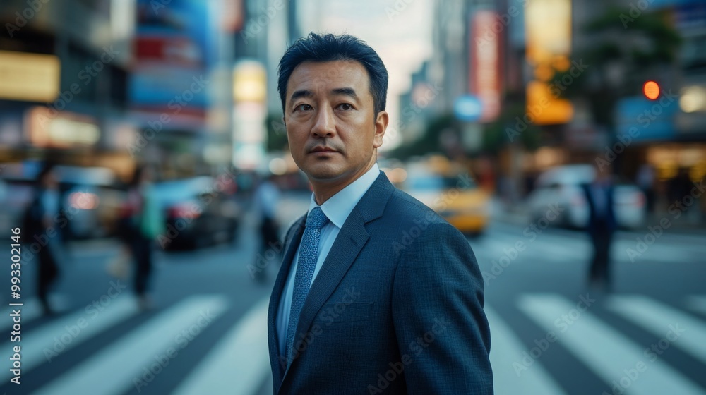 An asian businessman confidently walks across busy urban crosswalk, surrounded by pedestrians and vehicles. The city backdrop features tall buildings and vibrant signs, creating a lively atmosphere. An asian businessman confidently walks across busy urban crosswalk, surrounded by pedestrians and vehicles. The city backdrop features tall buildings and vibrant signs, creating a lively atmosphere.
