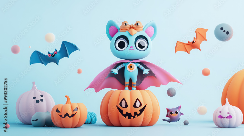 A cartoon character is standing on top of a pumpkin with a cape on A cartoon character is standing on top of a pumpkin with a cape on