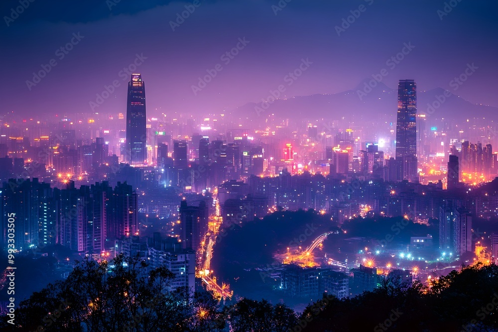 Obraz premium Bustling Cityscape Illuminated by Energy Efficient Streetlights at Night