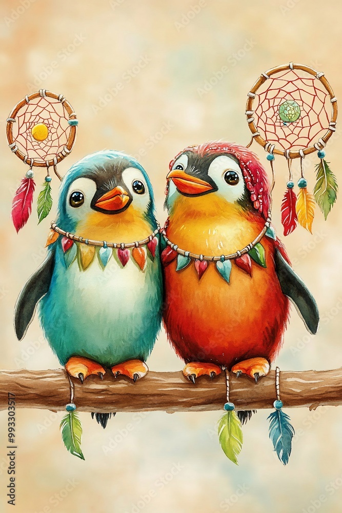 Fototapeta premium Two Penguins with Dream Catchers.