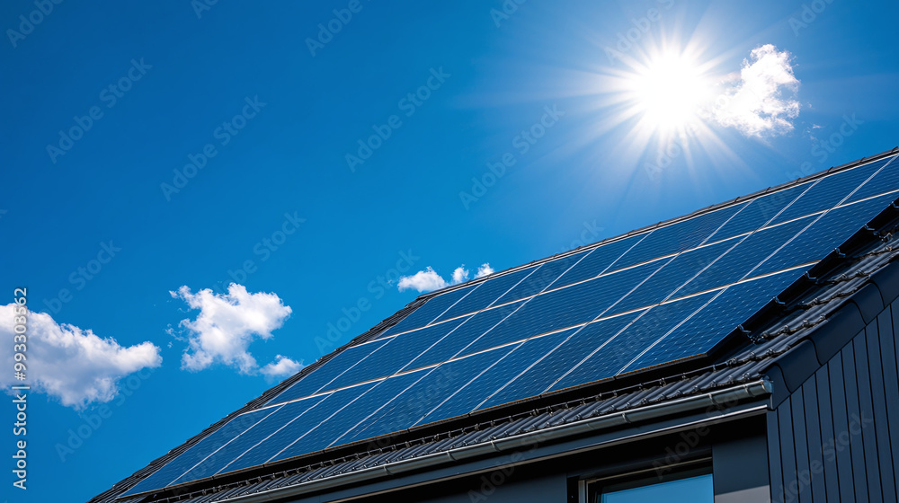 Fototapeta premium Photovoltaic solar panels installed on the roof of a private house to produce clean, ecological electricity on a sunny summer day
