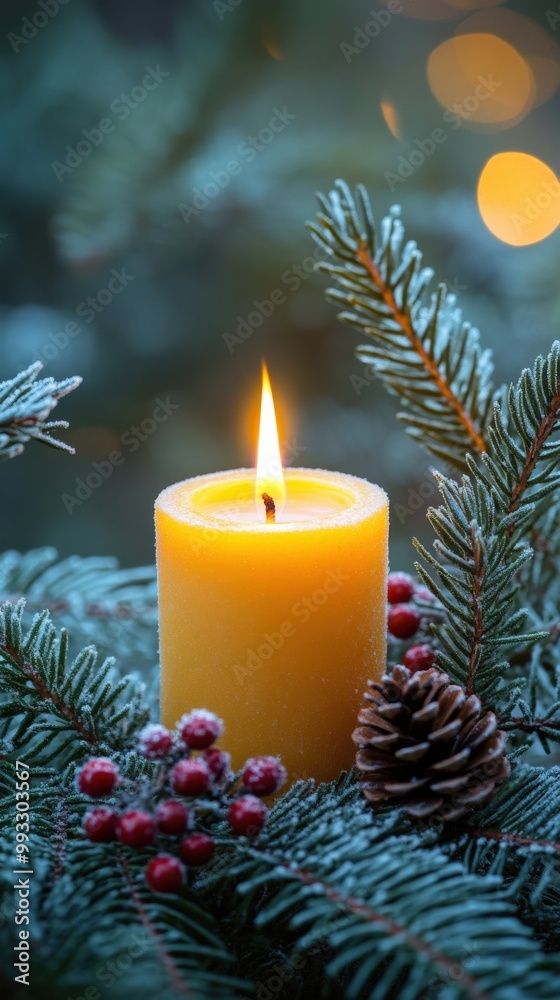 Advent wreath with one lit candle surrounded by Christmas decor and evergreen branches Advent wreath with one lit candle surrounded by Christmas decor and evergreen branches