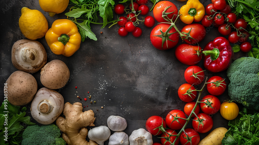 Fresh assorted vegetables arranged in a frame on a dark background Fresh assorted vegetables arranged in a frame on a dark background