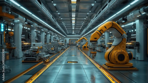 futuristic factory showcasing seamless automation with robotic arms assembling products under sleek led lights a clean hightech environment emphasizes innovation and efficiency