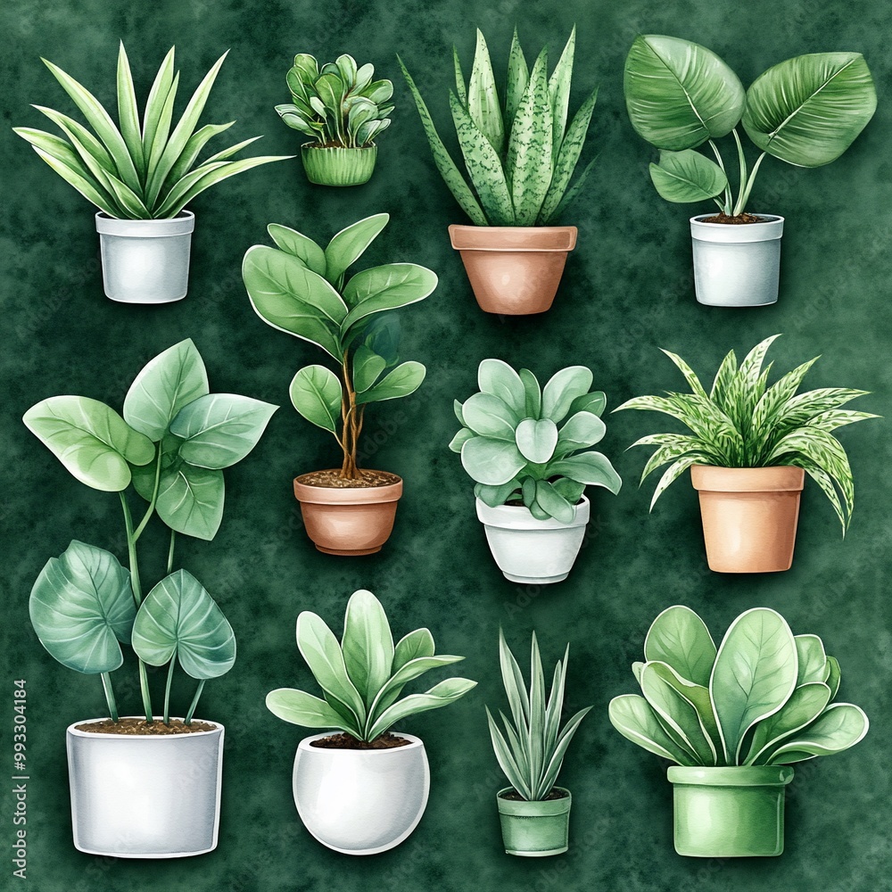 Watercolor Illustration of House Plants in Pots. Watercolor Illustration of House Plants in Pots.
