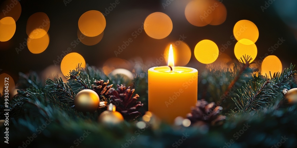 Advent wreath with one lit candle surrounded by Christmas decor and evergreen branches Advent wreath with one lit candle surrounded by Christmas decor and evergreen branches