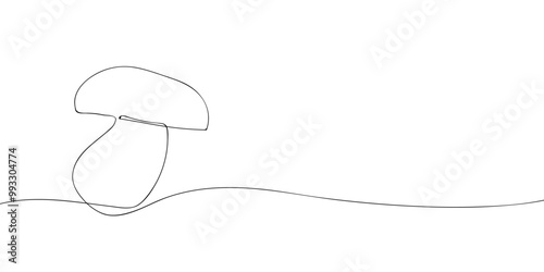 A single line drawing of a white mushroom. Continuous line thanksgiving mushroom icon. One line icon. Vector illustration.