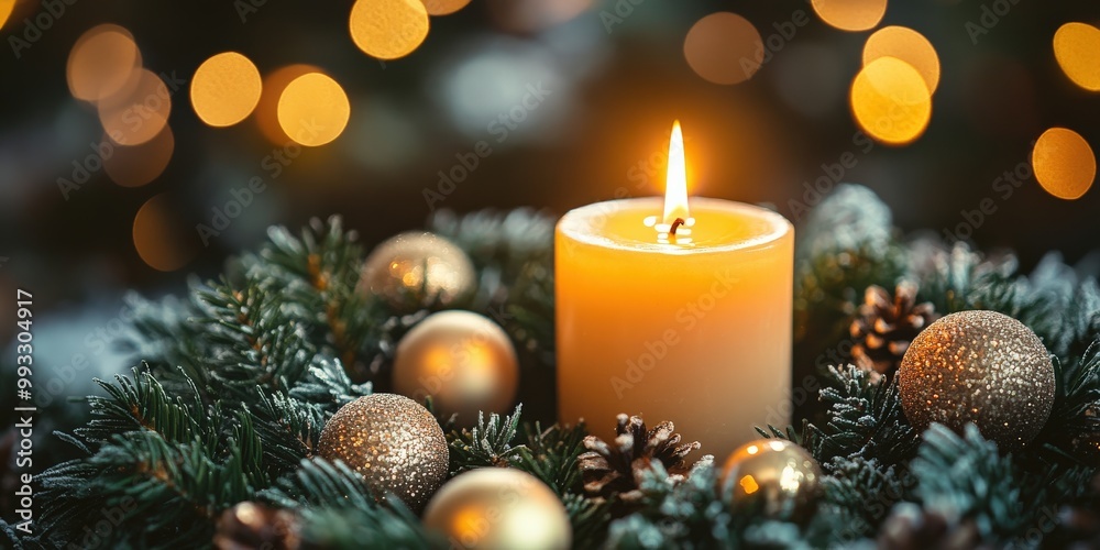 Advent wreath with one lit candle surrounded by Christmas decor and evergreen branches Advent wreath with one lit candle surrounded by Christmas decor and evergreen branches