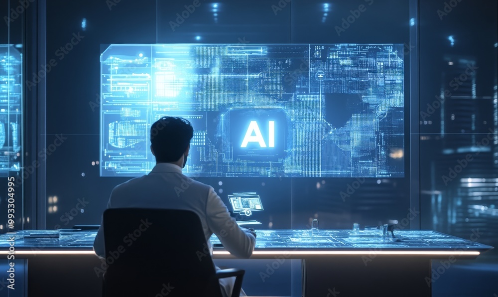 Man working on AI project with futuristic interface. Man working on AI project with futuristic interface.
