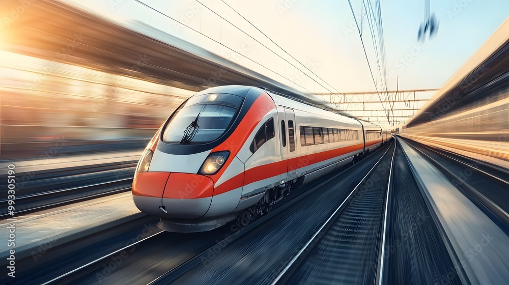 Naklejka premium Sleek Modern High-Speed Train on Tracks at Dawn