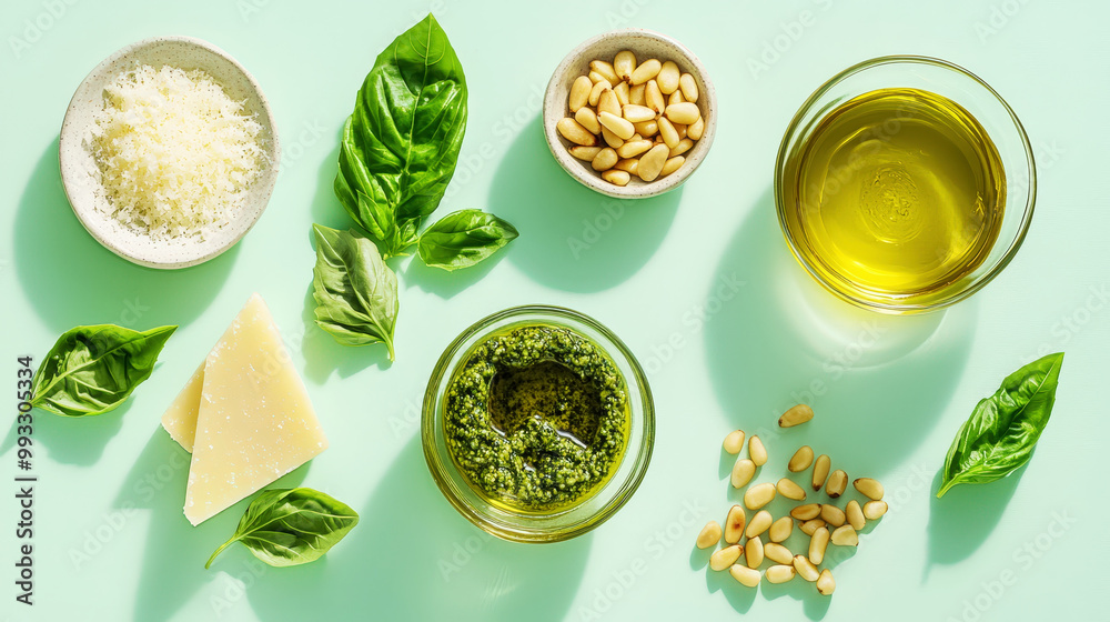 Top view of pesto sauce ingredients: basil leaves, cheese, pine nuts, olive oil, garlic, mint background. Generative AI Top view of pesto sauce ingredients: basil leaves, cheese, pine nuts, olive oil, garlic, mint background. Generative AI