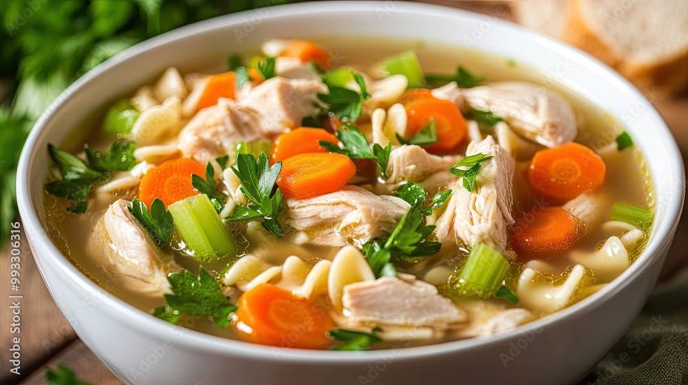 A bowl of comforting chicken noodle soup with sliced carrots, celery, and tender chicken, garnished with parsley. A bowl of comforting chicken noodle soup with sliced carrots, celery, and tender chicken, garnished with parsley.