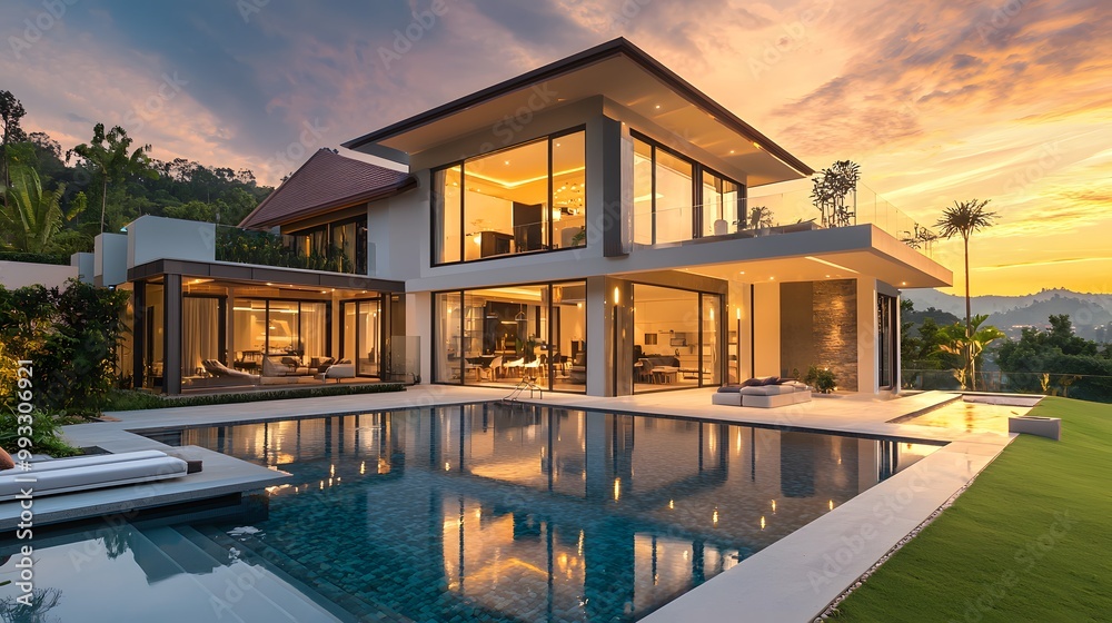 Fototapeta premium Modern Luxury Villa at Sunset with Stunning Architecture