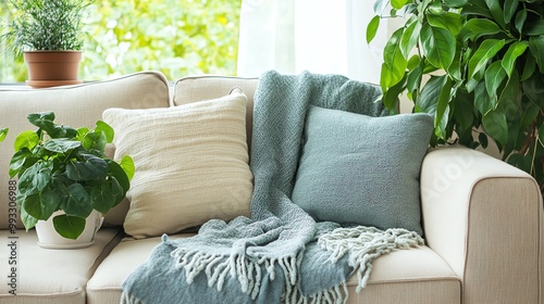Cozy sofa with pillows and a plant, bright and inviting indoor setting.