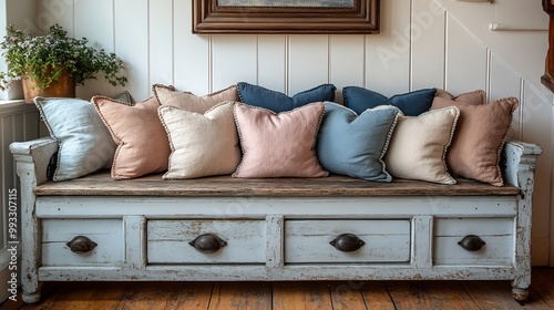 Vintage Charm: Handstitched Pastel Pillows on Wooden Benchcollection of handstitched pillows in soft pastels arranged on a vintage wooden bench photo