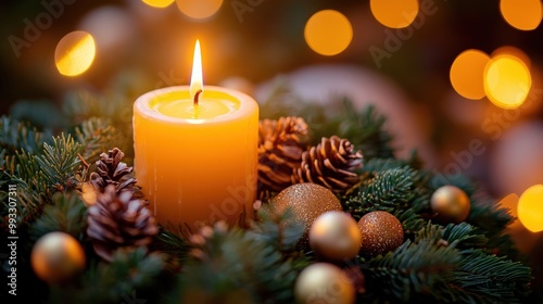 Advent wreath with one lit candle surrounded by Christmas decor and evergreen branches