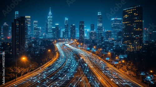 Night city skyline with digital lights Generative AI photo