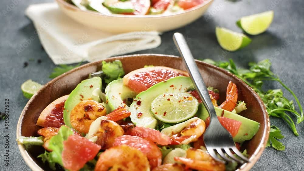 Fresh shrimp salad with avocado and grapefruit, ideal for healthy eating and diet-focused visuals Fresh shrimp salad with avocado and grapefruit, ideal for healthy eating and diet-focused visuals