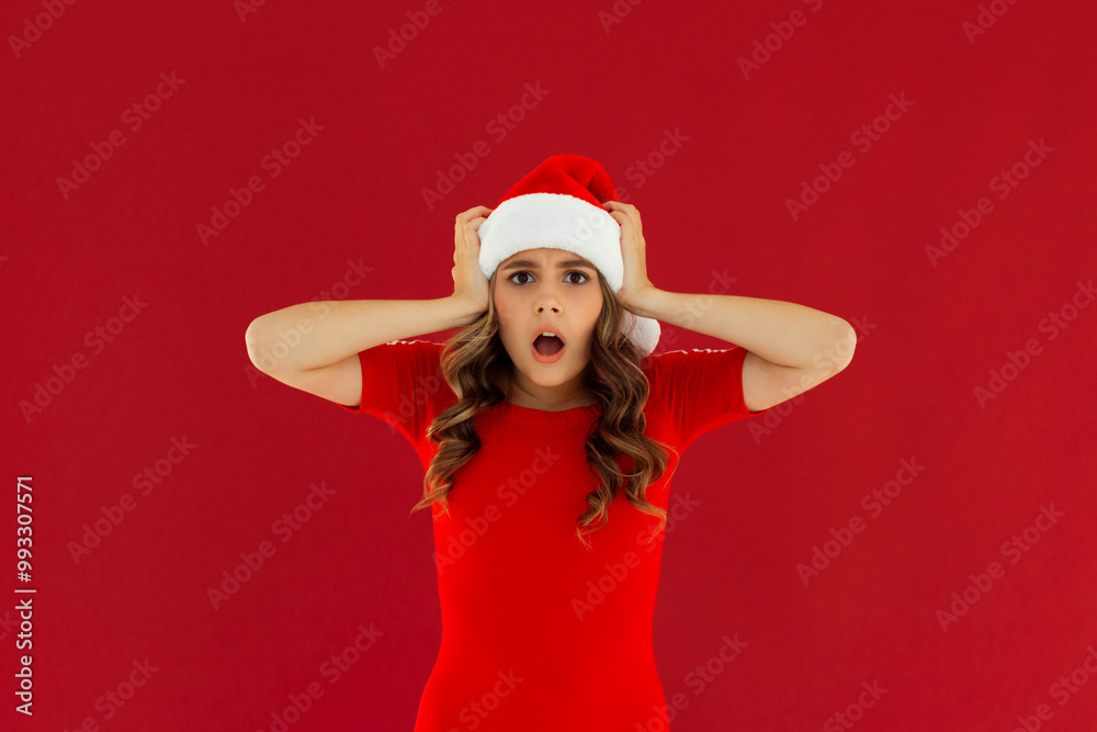 Photo of shocked amazed young lady dressed red dress celebrating christmas arms head hearing bad news isolated red color background