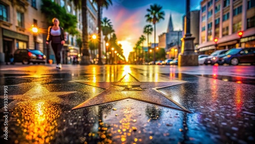 Hollywood star on the Walk of Fame with a shining star symbolizing success and fame in cinema