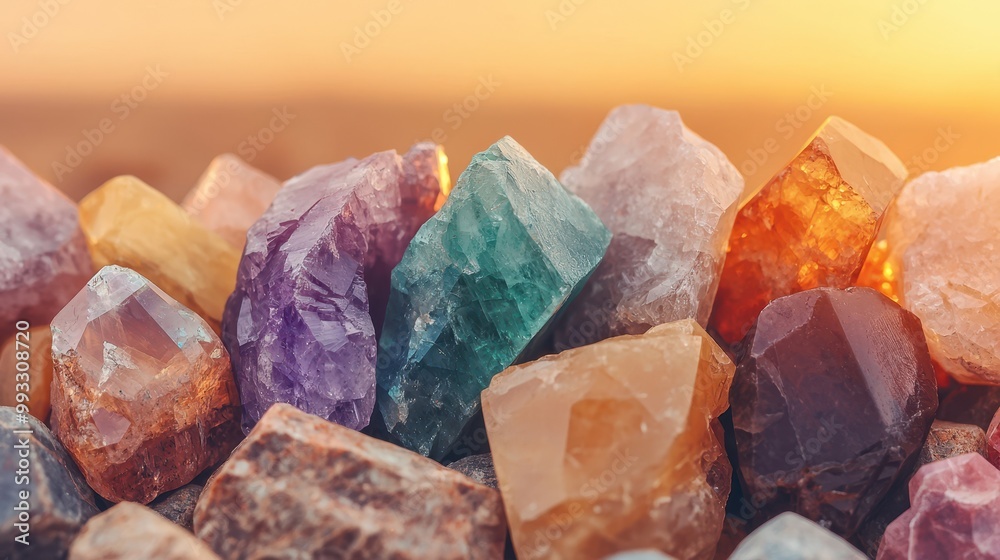 Earthy Elegance: Artistic Composition of Raw and Polished Gemstones Amidst a Blurry Natural Backdrop Earthy Elegance: Artistic Composition of Raw and Polished Gemstones Amidst a Blurry Natural Backdrop