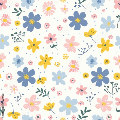 A vibrant and colorful seamless floral pattern featuring various flowers, leaves, and butterflies, perfect for wallpaper, fabric, or spring and summer decorations