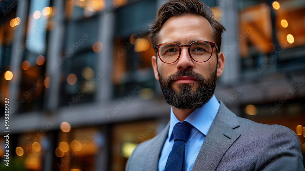 Fototapeta premium Confident businessman in glasses standing outside modern office building