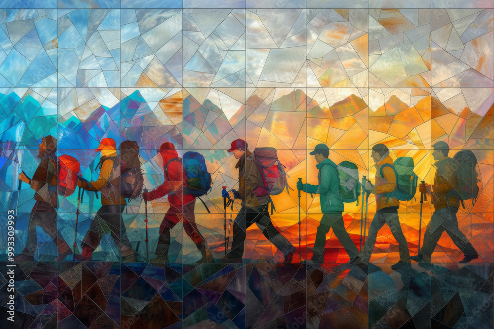 Vibrant mosaic illustration of hikers traversing mountains, depicted in stunning stained glass style with dynamic colors and intricate details Vibrant mosaic illustration of hikers traversing mountains, depicted in stunning stained glass style with dynamic colors and intricate details