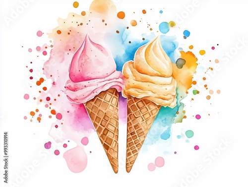 Watercolor Ice Cream Cones on a Colorful Background.
