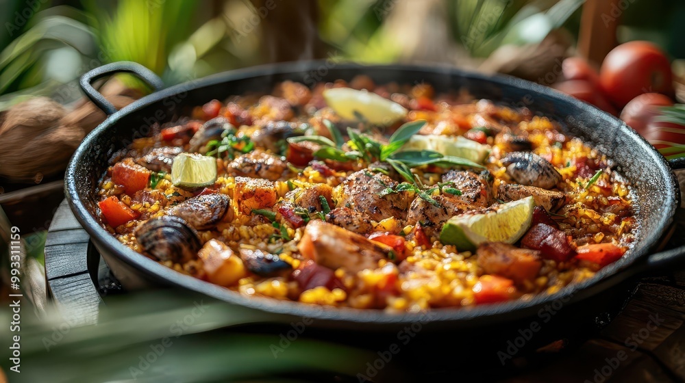 group of happy people enjoying a delicious paella in a beautifully arranged garden celebrating family and food in a vibrant outdoor setting group of happy people enjoying a delicious paella in a beautifully arranged garden celebrating family and food in a vibrant outdoor setting