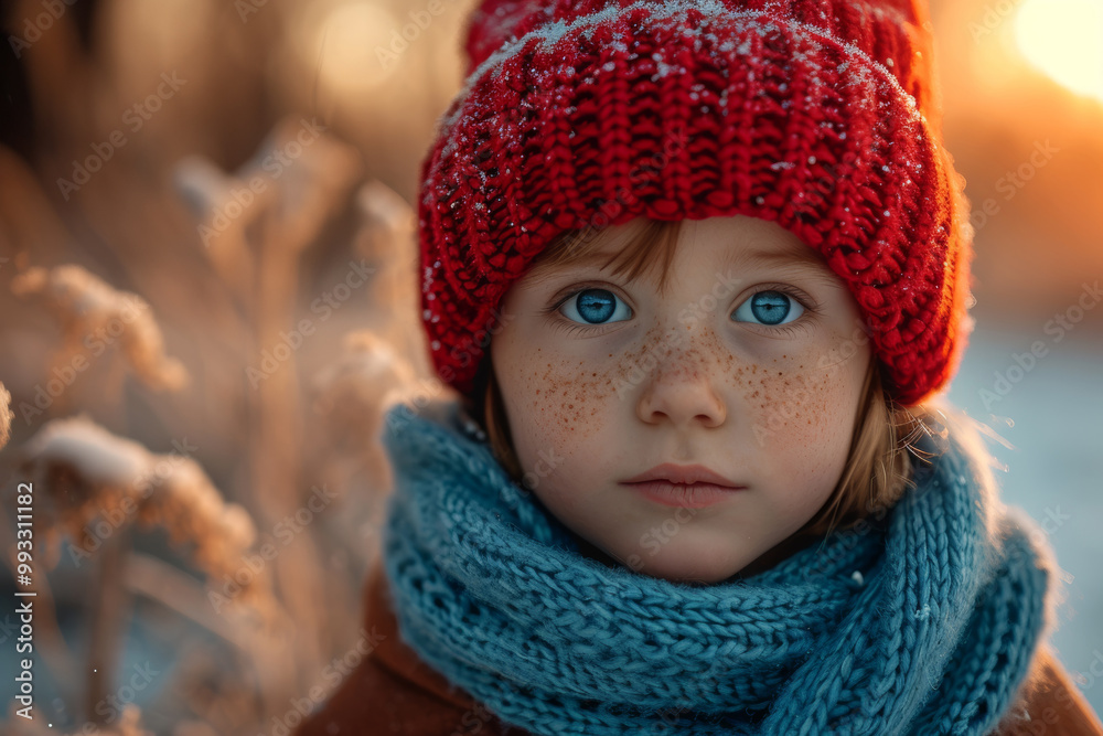Young boy winter portrait with bright eyes, wearing red hat and blue scarf, stands in snowy winter landscape, evoking innocence and joy in cold season Young boy winter portrait with bright eyes, wearing red hat and blue scarf, stands in snowy winter landscape, evoking innocence and joy in cold season