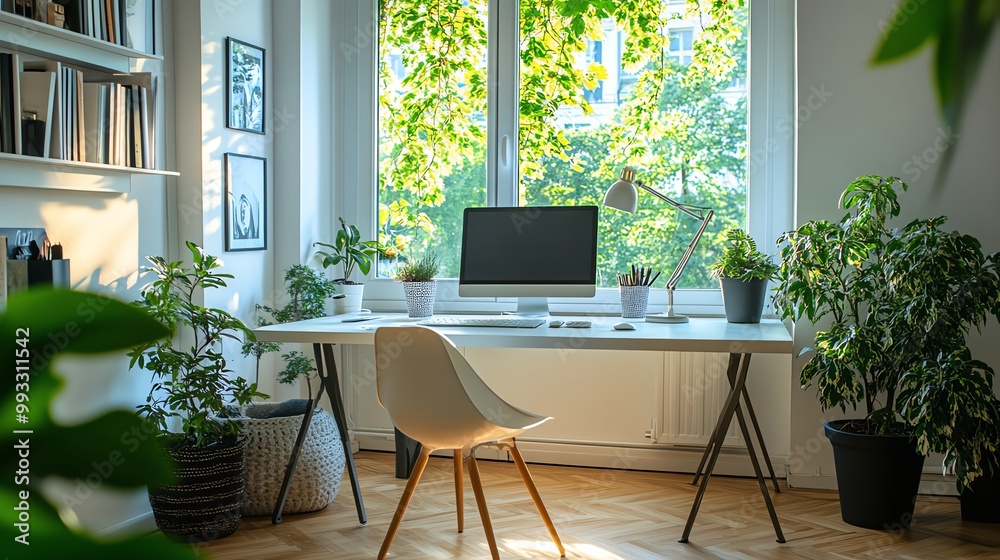 Cozy workspace with plants, a computer, and large windows providing natural light. Cozy workspace with plants, a computer, and large windows providing natural light.