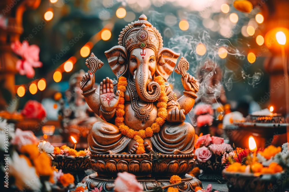 Fototapeta premium Traditional Indian Lord Ganesha Statue with Festive Decorations and Flowers