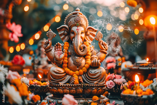 Traditional Indian Lord Ganesha Statue with Festive Decorations and Flowers