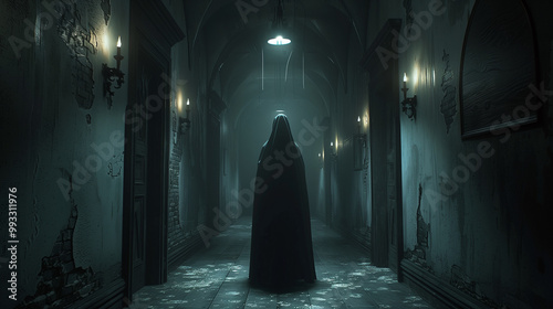 Ghostly nun in a dimly lit monastery corridor