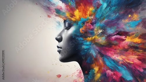 Serene woman in profile with colorful abstract hair against gray background, artistic wall decor