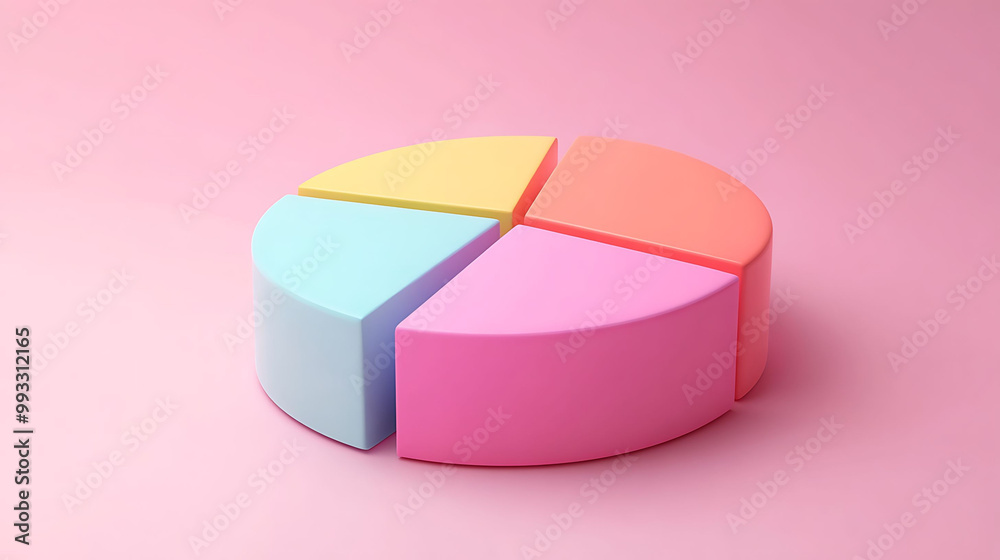 Obraz premium A 3D pie chart with 4 sections in pink, blue, yellow, and orange colors on a pink background.