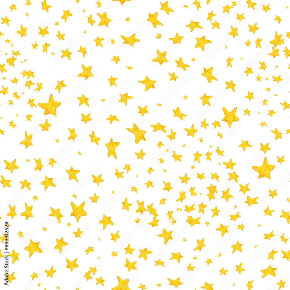 Watercolor seamless pattern of yellow stars scattered across a white background. Illustration of the night sky. Perfect designs, for fabric, textile, children's, wrapping paper, and festive projects. Watercolor seamless pattern of yellow stars scattered across a white background. Illustration of the night sky. Perfect designs, for fabric, textile, children's, wrapping paper, and festive projects.