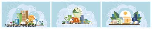 Clean energy concept. Modern cityscape with green buildings, electric vehicles, recycling, and solar panels. Ideal for sustainable development, eco-friendly urban planning, renewable resources, green
