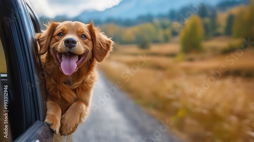 happy dog joyfully leaning out of a car window tongue lolling in the wind during an adventurefilled autumn drive photo